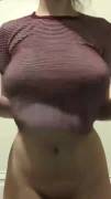 Trying to make her boobs bounce out of her shirt