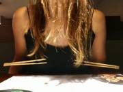 Just a bit of improvised nipple clamping over dinner...