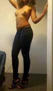 Topless in jeans and heels (f)