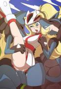 Korrina having a threesome with two Lucarios.