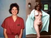 My wife in and out of her scrubs