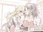 Clinging to her as she bends over