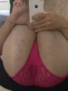 As requested, here I am showing off my girlfriends pretty pink panties and my new matching plug!