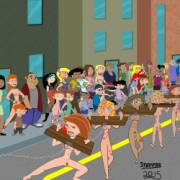 For attempting to lead a Feminist Rebellion against Patriarchy, the heroines were forced to endure a humiliating march naked in the public streets. As loyal slave girls joined in mocking them and pelting them with rotten fruit