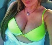 Yellow bombshell bra in the car