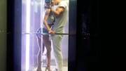 Rough public fuck in the elevator shooted by drone and spectators