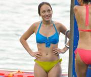 She's happy and will be embarrassed when she look down ...