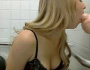 Cute blonde teen practising her deepthroating skills.