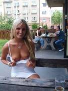 At the pub, 'look, no bra!'