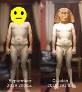 Update. M/49/193 1 month. Was shooting for 8, managed 7. I don't see much change, but it's a one day at a time thing. I started running again as well so I feel better too