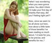 Chastity Fantasy: Caption 108. Out for a stroll on the first day of his regimen.