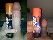 He has 35% more shaving cream than me. You can do your own estimates on the difference in dick size.