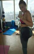Shirtless girl in sweaty leggings