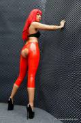 Stella van Gent in a Red Latex Leggings