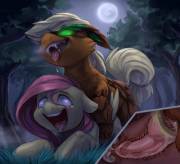 Fluttershy x Applejack timber wolfpony [futa] (artist:audrarius)