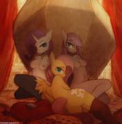 Rarity x Maud Pie x Fluttershy rock harem [anthro] (artist:foxinshadow)