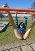 Andi Land on the monkey bars