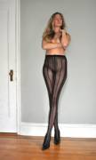 Tall blonde in striped pantyhose