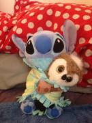 I just found out Stitch can cuddle other stuffies in his blankie!!