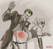 The Joker thinks Harley Quinn has been a naughty girl, and needs punishment. He's probably right. (misterjer)