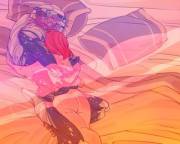 Garrus and Shepard cuddling in bed (kisu-no-hi)