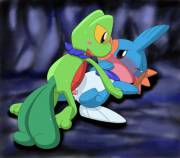 Treecko [M] celebrates the new remake with Mudkip [F]